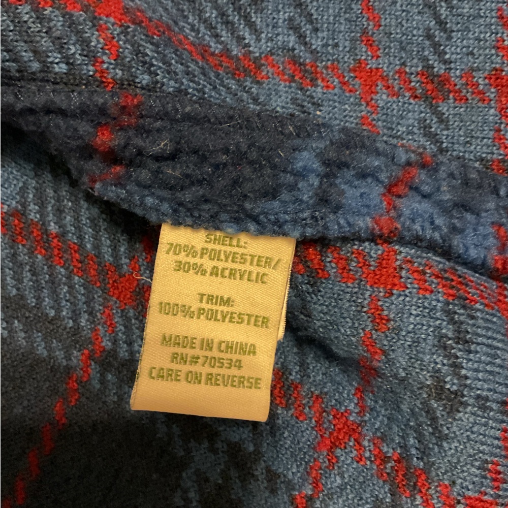 Orvis Blue Burgundy Plaid & Brown Trim Toggle 5 Button Down Fleece Jacket Blazer - Picture 15 of 15
